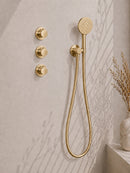 Caral inbouwthermostaat 2 stopkranen compleet met hoofddouche 25 cm en 3 standen handdouche geborsteld messing